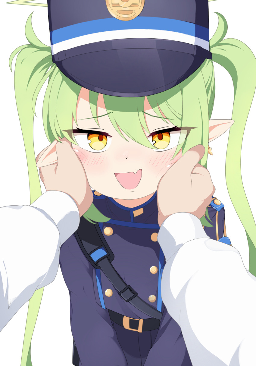 1girl :d black_hat black_jacket black_skirt blue_archive blush buttons commentary_request didac_fantasy dot_nose double-breasted earrings fang green_hair hair_between_eyes halo hands_on_another&#039;s_face hat high-waist_skirt highres jacket jewelry long_hair long_sleeves looking_at_viewer nozomi_(blue_archive) open_mouth peaked_cap pointy_ears pov pov_hands skin_fang skirt smile train_conductor twintails upper_body white_background yellow_eyes yellow_halo