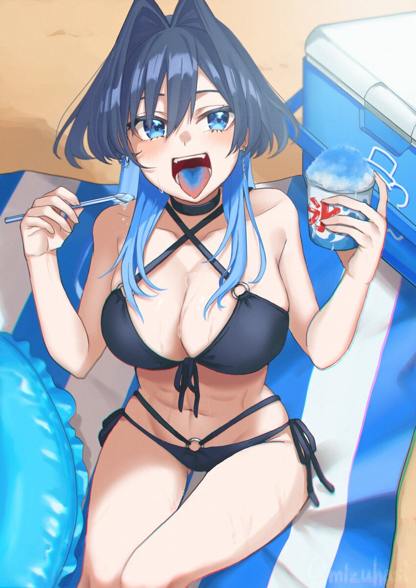 1girl absurdres alternate_costume bare_shoulders beach bikini black_bikini blue_eyes blue_hair blue_tongue breasts cleavage collarbone colored_inner_hair colored_tongue commentary cooler criss-cross_halter day english_commentary feet_out_of_frame food from_above front-tie_bikini_top front-tie_top gluteal_fold hair_intakes hair_over_shoulder halterneck hands_up highres holding holding_food holding_spoon hololive hololive_english innertube large_breasts long_hair mizuhasi multi-strapped_bikini_bottom multicolored_hair navel o-ring o-ring_bikini official_alternate_hairstyle open_mouth ouro_kronii outdoors sand shaved_ice side-tie_bikini_bottom sitting solo spoon stomach swept_bangs swim_ring swimsuit tongue tongue_out virtual_youtuber wolf_cut