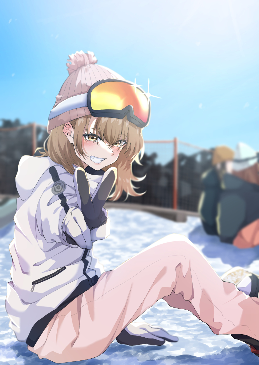 1girl absurdres beanie blurry boots brown_eyes brown_hair commentary_request depth_of_field from_side goggles hat highres isshiki_iroha jacket light_(lightpicture33) medium_hair outdoors pants pink_hat pink_pants ski_goggles smile snow solo_focus v yahari_ore_no_seishun_lovecome_wa_machigatteiru.