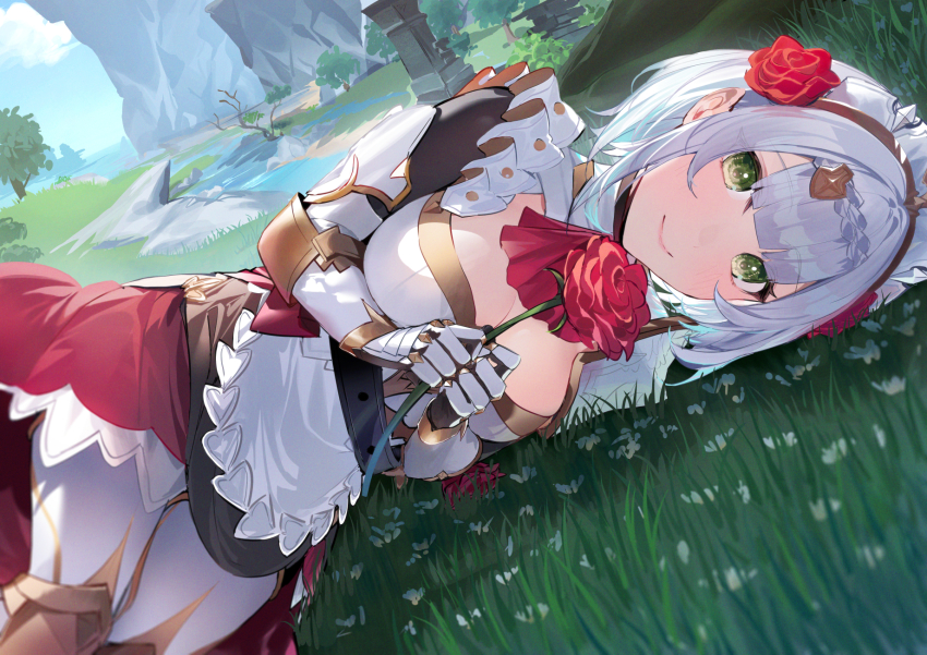 1girl blunt_bangs breasts cleavage closed_mouth dress flower frills genshin_impact grass green_eyes hair_flower hair_intakes hair_ornament hakuishi_aoi highres holding holding_flower lying medium_breasts noelle_(genshin_impact) on_side outdoors pantyhose red_flower red_rose rose short_hair smile solo white_hair white_pantyhose