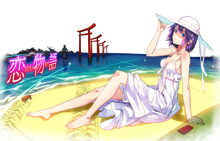 1boy 1girl arm_support bare_shoulders barefoot beach blue_eyes breasts cellphone cleavage collarbone crab dress feet hand_on_headwear hat kaiki_deishuu koimonogatari long_legs looking_at_viewer medium_breasts monogatari_(series) multiple_torii phone purple_hair ryuuzaki_ichi senjougahara_hitagi sitting sun_hat sundress torii water