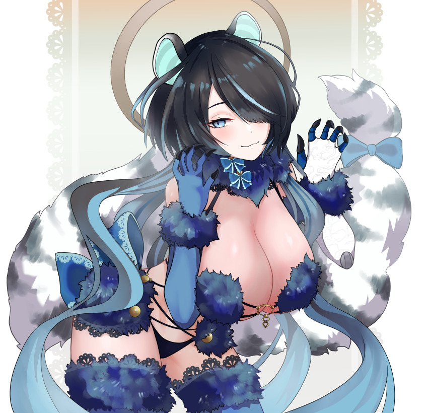 1girl absurdres alternate_color animal_ears bikini black_bikini black_claws black_hair blue_bow blue_eyes blue_hair bow breasts cleavage closed_mouth cosplay erina_makina fate/grand_order fate_(series) fur-trimmed_thighhighs fur_bikini fur_collar fur_trim hair_over_one_eye halo highres large_breasts long_hair mash_kyrielight mash_kyrielight_(dangerous_beast) mash_kyrielight_(dangerous_beast)_(cosplay) mechanical_arms mishima_nina multicolored_hair o-ring o-ring_bikini phase_connect revealing_clothes single_mechanical_arm solo streaked_hair swimsuit tail tail_bow tail_ornament thighhighs tiger_ears tiger_girl virtual_youtuber