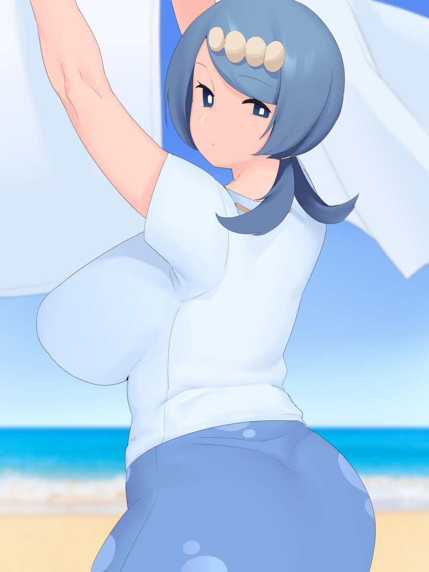 beach blue_hair breasts creatures_(company) game_freak highres lana&#039;s_mother_(pokemon) large_breasts long_skirt looking_back moebell nintendo pokemon pokemon_(anime) pokemon_sm_(anime) skirt