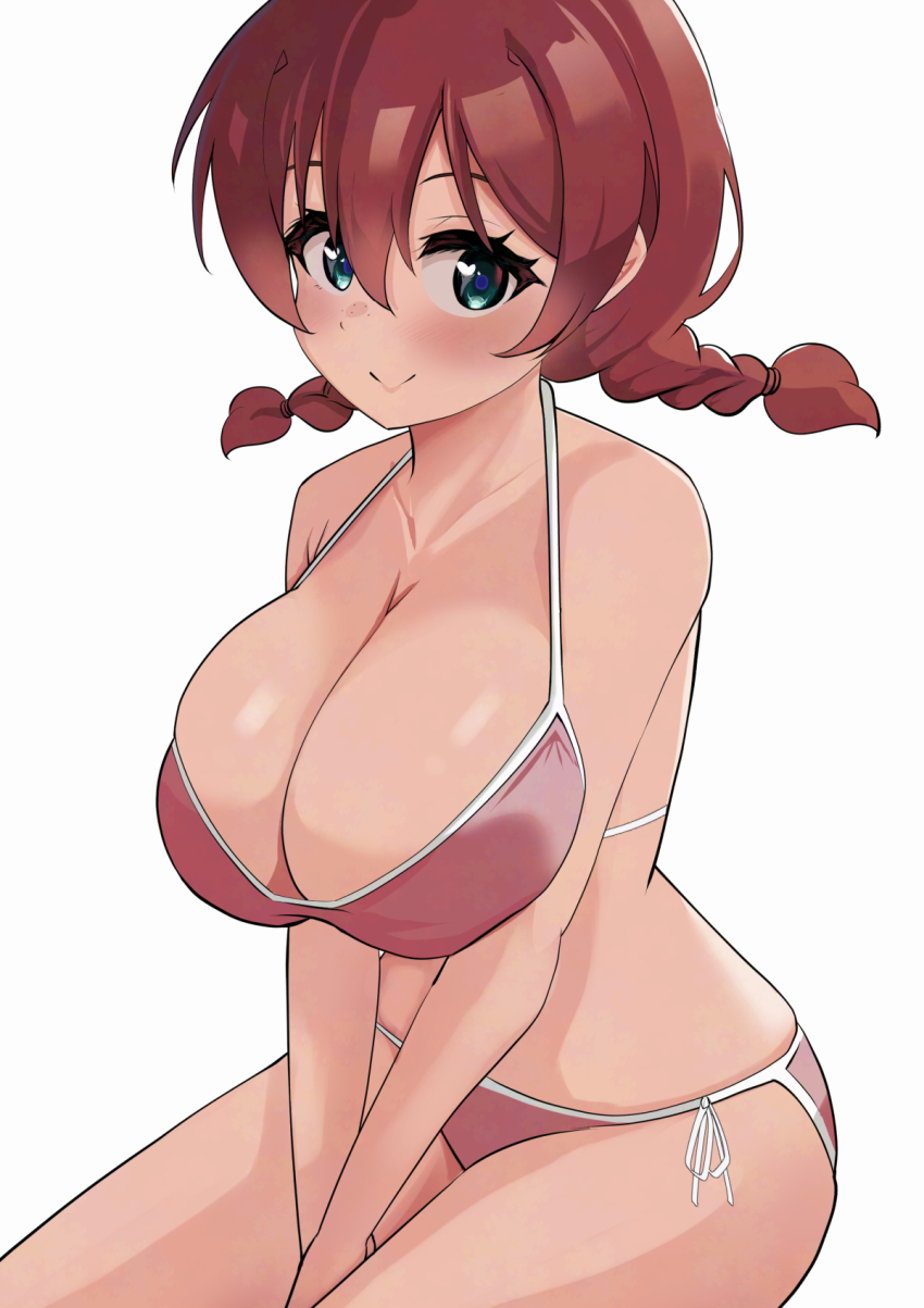 1girl aqua_eyes bare_arms between_legs bikini blush braid breasts brown_hair cleavage closed_mouth collarbone commentary_request emma_verde freckles hair_between_eyes hand_between_legs heart heart-shaped_pupils highres large_breasts looking_at_viewer love_live! love_live!_nijigasaki_high_school_idol_club partial_commentary pink_bikini pisagi simple_background sitting smile solo swimsuit symbol-shaped_pupils twin_braids white_background