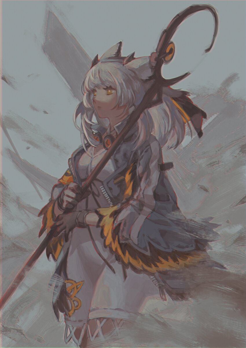 1girl absurdres animal_ears arknights armband breasts coat dress expressionless feather-trimmed_coat feather_trim gloves goggles goggles_around_neck grey_coat grey_hair highres holding holding_staff manjyufroth medium_breasts medium_hair multicolored_eyes open_clothes open_coat orange_eyes owl_ears ptilopsis_(arknights) short_dress sidelocks solo staff veil weapon white_dress yellow_eyes