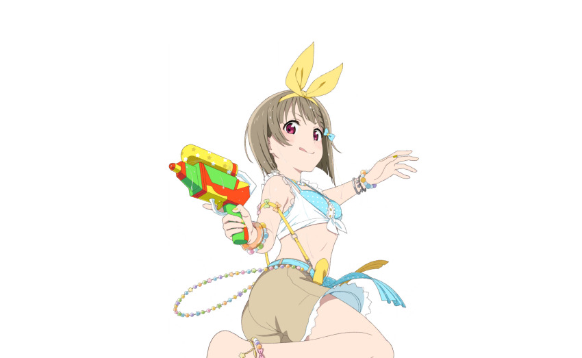 1girl :q anklet aqua_belt aqua_bikini aqua_ribbon bead_bracelet beads bikini blush bob_cut bracelet brown_hair brown_shorts frilled_sleeves frills from_below hair_ribbon hand_up highres holding holding_water_gun jewelry looking_at_viewer love_live! love_live!_nijigasaki_high_school_idol_club love_live!_school_idol_festival_2 nail_polish nakasu_kasumi official_art petticoat polka_dot polka_dot_bikini red_eyes ribbon short_hair shorts solo swimsuit tongue tongue_out transparent_background water_drop water_gun wet wet_hair yellow_nails yellow_ribbon