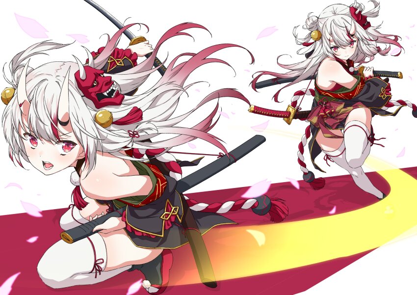 1girl absurdres asanaya bare_shoulders highres hololive horns japanese_clothes katana multiple_views nakiri_ayame red_eyes sword thighhighs virtual_youtuber weapon white_hair white_thighhighs