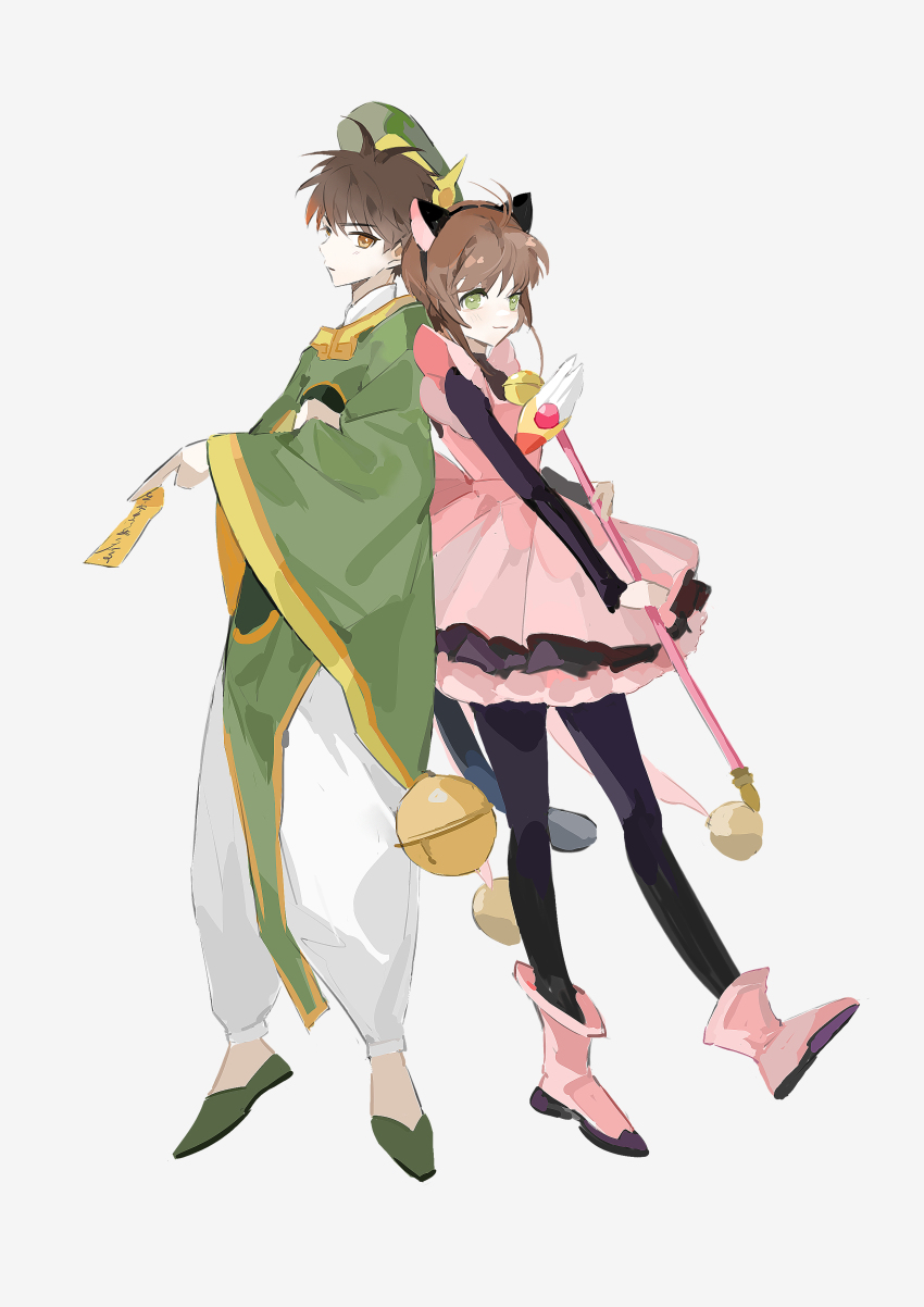 1boy 1girl absurdres animal_ears antenna_hair cardcaptor_sakura cat_ears green_eyes highres kinomoto_sakura li_xiaolang magical_girl pantyhose simple_background white_background yashugu