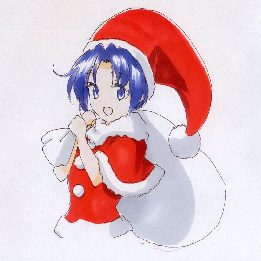 1girl :d beluo77 blue_eyes blue_hair capelet commentary_request cropped_torso doremy_sweet dress fur-trimmed_capelet fur-trimmed_dress fur-trimmed_headwear fur_trim happy hat highres holding holding_sack looking_at_viewer open_mouth pom_pom_(clothes) red_capelet sack santa_costume santa_dress santa_hat short_hair simple_background smile solo touhou traditional_media upper_body white_background