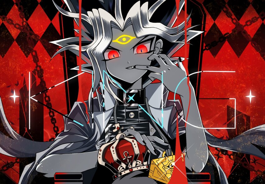 1boy crown highres jacket jacket_on_shoulders king_(vocaloid) male_focus medium_hair millennium_puzzle multicolored_hair partially_colored red_background red_eyes shiroi_1108 solo spiked_hair upper_body yami_yugi yu-gi-oh! yu-gi-oh!_(toei)