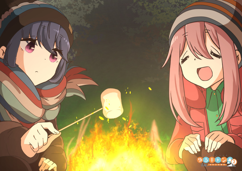 2girls beanie blue_hair brown_jacket camping closed_eyes closed_mouth commentary_request copyright_notice eyes_visible_through_hair fire food forest green_shirt hair_between_eyes hand_on_own_knee hands_on_own_knees hat highres holding holding_food jacket kagamihara_nadeshiko light logo long_hair marshmallow multicolored_clothes multicolored_headwear multicolored_scarf multiple_girls nature night night_one open_mouth pink_hair purple_eyes red_jacket roasting scarf shadow shima_rin shirt smile squatting staring striped_clothes striped_headwear striped_scarf tree woollen_cap yurucamp