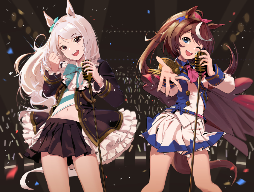 2girls animal_ears black_eyes black_skirt blue_eyes blush brown_hair highres holding holding_microphone horse_ears horse_girl horse_tail indoors kawa683 long_hair long_sleeves looking_at_viewer mejiro_mcqueen_(umamusume) microphone microphone_stand multicolored_hair multiple_girls navel open_mouth pleated_skirt ponytail skirt smile streaked_hair tail teeth tokai_teio_(umamusume) umamusume upper_teeth_only white_hair white_skirt