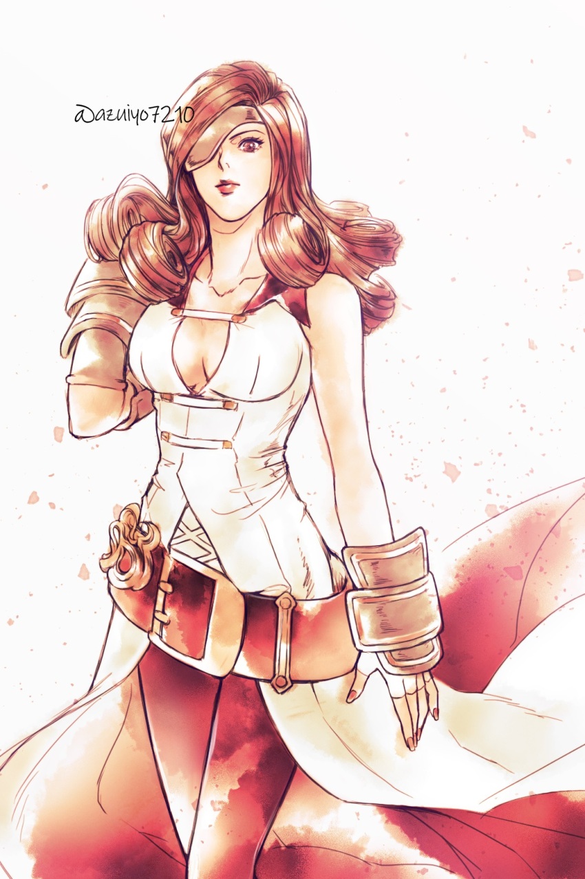 1girl azuiyo7210 beatrix_(ff9) belt belt_buckle breasts brown_eyes brown_hair buckle cleavage closed_mouth curly_hair eyepatch final_fantasy final_fantasy_ix fingerless_gloves gloves hand_in_own_hair highres long_hair loose_belt medium_breasts ringlets solo twitter_username upper_body vest white_background white_vest