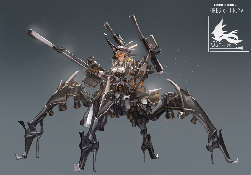 1girl absurdres arm_cannon armored_core armored_core_6 blonde_hair braid breasts closed_mouth commentary_request cookie_(touhou) copyright_name d_tomoki dual_arm_cannons extra_legs full_body grey_background hat highres holding holding_weapon kirisame_marisa long_hair looking_at_viewer mecha_musume mechanization medium_breasts rocket_launcher side_braid single_braid smile solo standing touhou uzuki_(cookie) weapon yellow_eyes