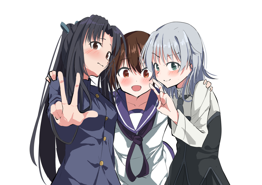 3girls 8sjqzhap4pupzkc absurdres black_hair blue_jacket blue_sailor_collar blush breasts brown_eyes brown_hair grey_necktie hattori_shizuka highres jacket long_hair looking_at_viewer military military_uniform miyafuji_yoshika multiple_girls necktie open_mouth sailor_collar sanya_v._litvyak shirt short_hair simple_background small_breasts smile standing strike_witches white_background white_hair white_shirt world_witches_series