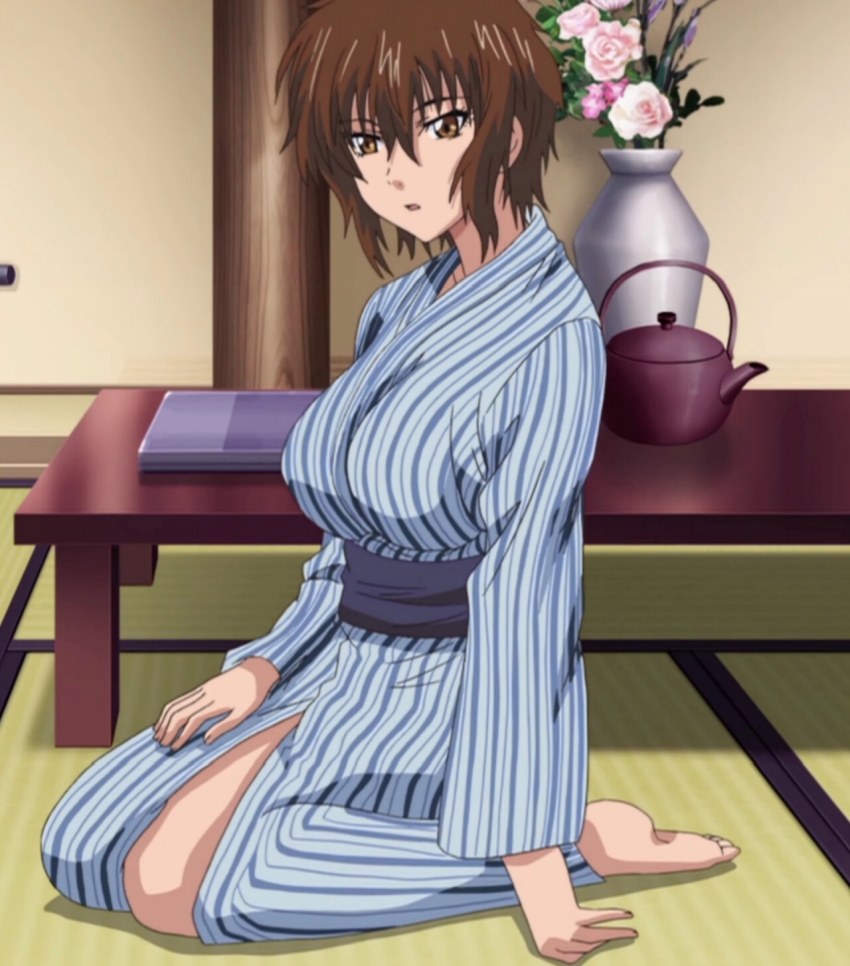 1girl bad_tag breasts brown_eyes brown_hair first_love japanese_clothes kasumi_(first_love) kimono large_breasts medium_hair presenting