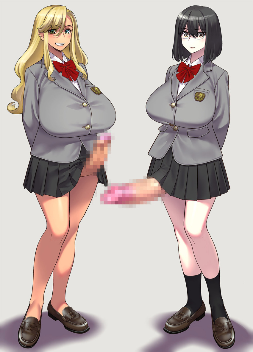 2futa arms_behind_back black_hair blonde_hair blue_eyes blush breasts brown_eyes censored coat erection futanari glasses highres huge_breasts huge_penis large_breasts large_penis long_hair minazuki_juuzou multiple_futa penis ribbon school_uniform shirt shoes skirt smile socks