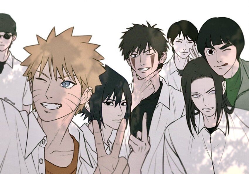 6+boys aburame_shino behind_another black_hair black_shirt blonde_hair blue_eyes brown_hair closed_eyes closed_mouth collared_shirt facial_mark gon012607 green_shirt hand_on_own_chin highres hyuuga_neji inuzuka_kiba long_hair male_focus middle_finger multiple_boys naruto_(series) naruto_shippuuden one_eye_closed open_clothes open_shirt orange_shirt parted_lips rock_lee sai_(naruto) shirt short_hair simple_background spiked_hair sunglasses thick_eyebrows tongue tongue_out uchiha_sasuke uzumaki_naruto v whisker_markings white_background white_shirt