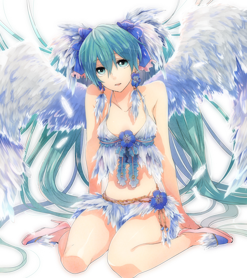 1girl angel_wings bare_shoulders bow earrings feathers female_focus flower full_body hair_bow hatsune_miku highres irono_(irtyu) jewelry legs long_hair looking_at_viewer midriff shoes simple_background sitting solo twintails very_long_hair vocaloid wings