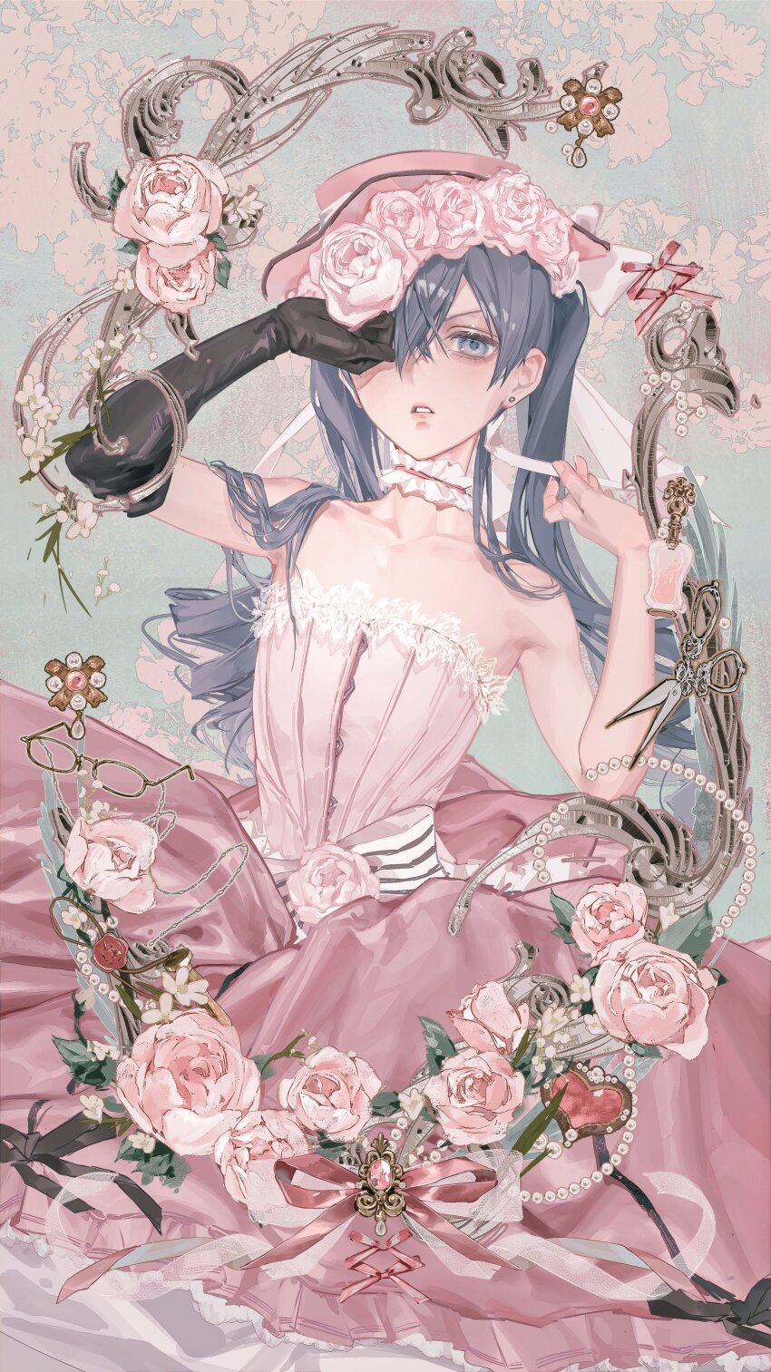 1boy absurdres bare_shoulders black_gloves ciel_phantomhive ciel_phantomhive_(robin_dress) commentary_request crossdressing dress drill_hair ear_piercing elbow_gloves flower gloves grey_eyes grey_hair hat highres kuroshitsuji male_focus mixed-language_commentary one_eye_covered open_mouth piercing pink_dress pink_flower pink_hat pink_rose rose trap twin_drills twintails v-shaped_eyebrows yisuan23