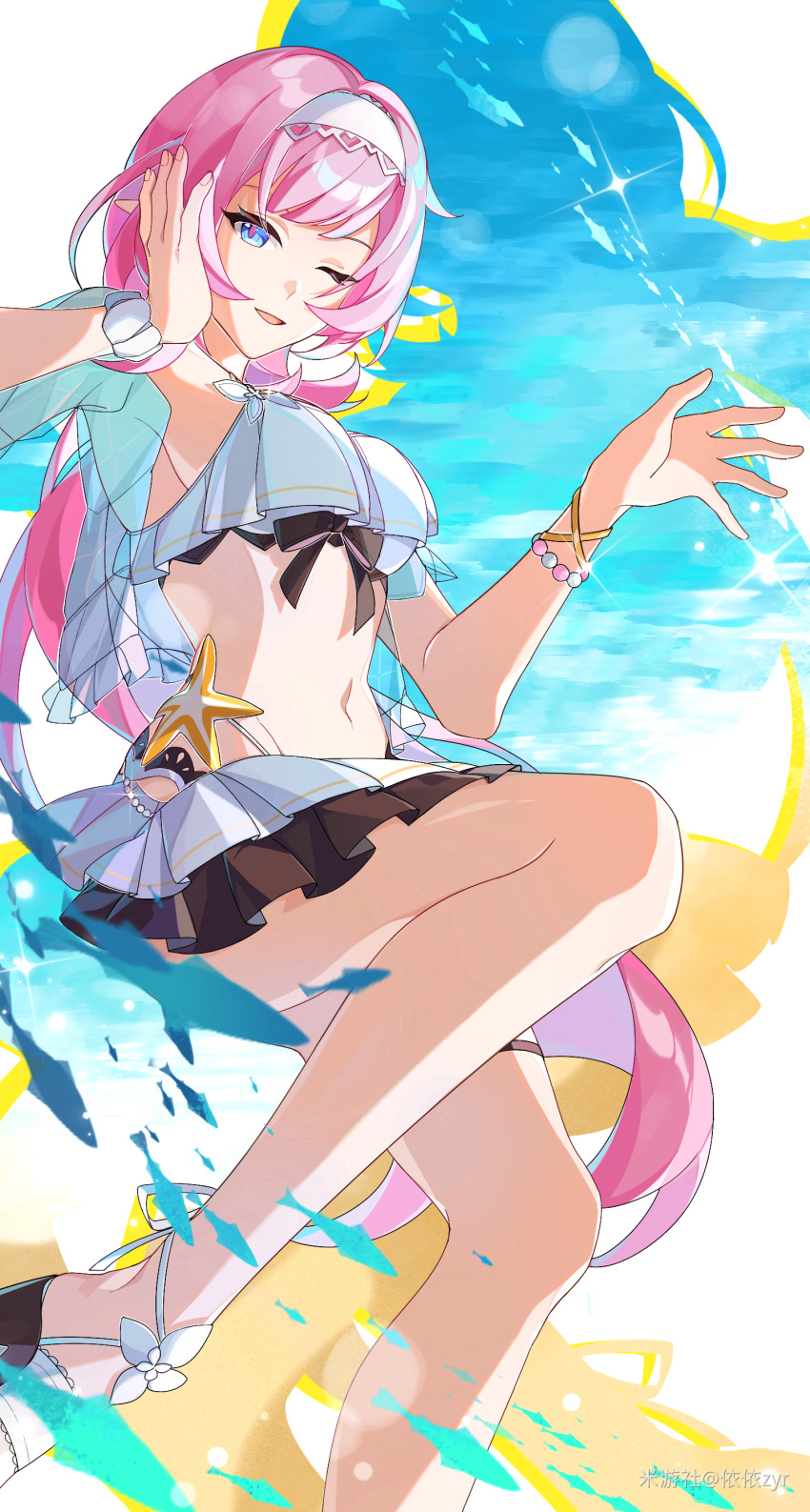 1girl absurdres bare_legs bikini bikini_skirt blue_eyes bracelet breasts elysia_(honkai_impact) elysia_(miss_pink_elf)_(honkai_impact) elysia_(summer_miss_elf)_(honkai_impact) hairband highres honkai_(series) honkai_impact_3rd jewelry large_breasts legs long_hair navel official_alternate_costume one_eye_closed pink_hair sandals smile solo stomach swimsuit white_bikini white_hairband yiyihaohaoxuexikenengtuiwang