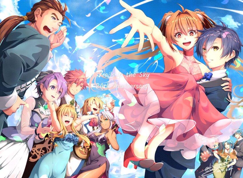 5girls 6+boys agate_crosner ahoge anniversary antenna_hair bare_shoulders black_hair blonde_hair blue_hair blue_sky bow bowtie breasts brooch cleavage_cutout closed_eyes clothing_cutout cloud cross_scar dated don_capua dress earrings eiyuu_densetsu english_text estelle_bright facial_scar formal_clothes green_eyes hair_between_eyes hands_on_own_hips high_heels jewelry josette_capua joshua_bright kloe_rinz kyle_capua large_breasts long_hair multiple_boys multiple_girls olivert_reise_arnor open_mouth outdoors ponytail purple_eyes purple_hair red_eyes red_hair scar scar_on_cheek scar_on_face scherazard_harvey sidelocks signature sky sleeveless small_breasts smile sora_no_kiseki suit tinybiard tita_russell twintails twitter_username white_hair yellow_eyes zin_vathek