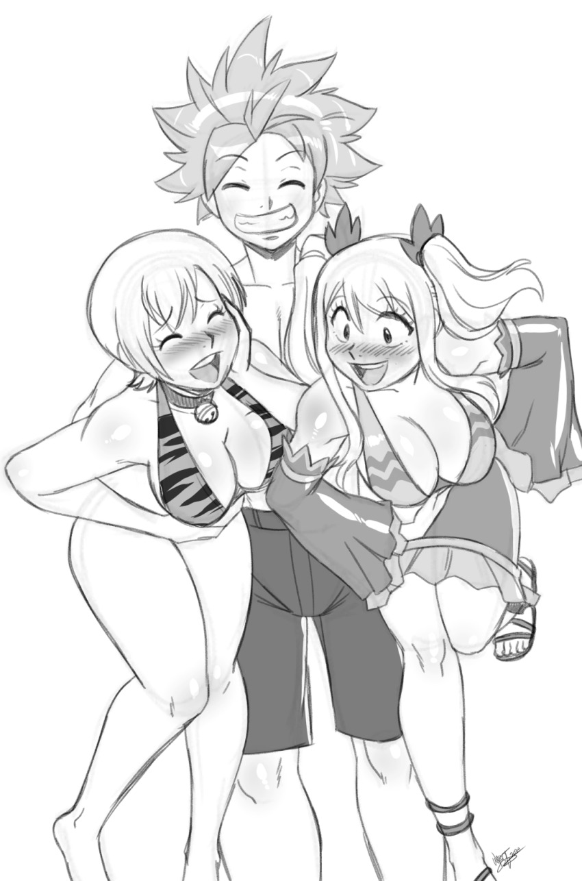 1boy 2girls araitsume breasts collar fairy_tail large_breasts lisanna_strauss lucy_heartfilia monochrome multiple_girls natsu_dragneel swimsuit