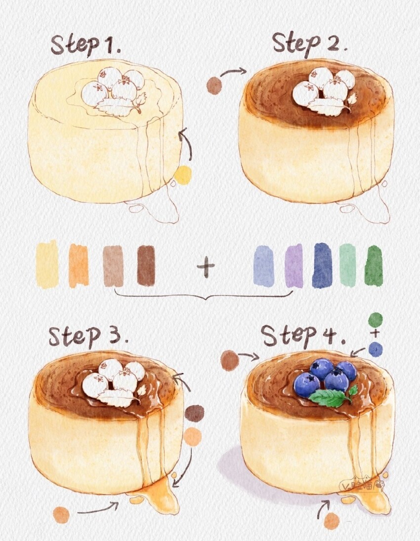 arrow_(symbol) blueberry caramel cheesecake color_guide dripping food food_focus fruit highres how_to leaf no_humans original painting_(medium) plus_sign shadow third-party_source traditional_media v_lian_miao watercolor_(medium) watermark