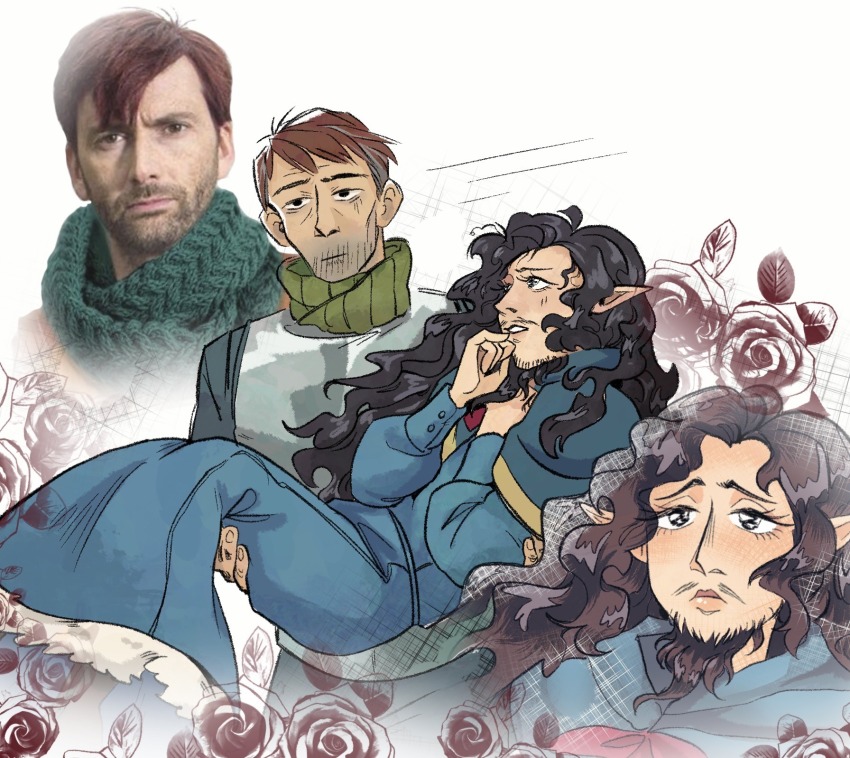 3boys beard beard_stubble black_eyes blue_capelet blue_robe brown_hair capelet carrying chilchuck_tims chilchuck_tims_(tallman) commentary david_tennant dungeon_meshi empty_eyes english_commentary expressionless facial_hair flower furrowed_brow green_scarf highres lips long_hair long_sleeves looking_at_viewer male_focus multiple_boys mustache photo_inset pointy_ears princess_carry real_life robe rose scarf senshi_(dungeon_meshi) senshi_(elf)_(dungeon_meshi) short_hair stubble tareme upper_body white_background yaoi zkye