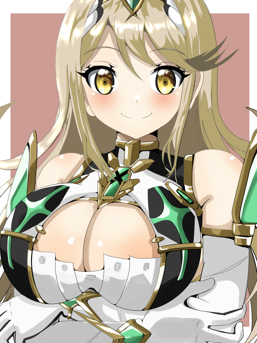 1girl blonde_hair breasts cleavage highres large_breasts mythra_(xenoblade) solo taka_p_(zelda27th) xenoblade_chronicles_(series) xenoblade_chronicles_2 yellow_eyes