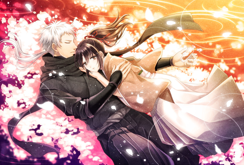 1boy 1girl black_hair black_scarf brown_hair cherry_blossoms closed_eyes hakama hakuouki_shinsengumi_kitan hetero holding_vial hug japanese_clothes jin_akhr long_hair ponytail ripples scarf white_hair wide_sleeves yamazaki_susumu_(hakuouki) yukimura_chizuru