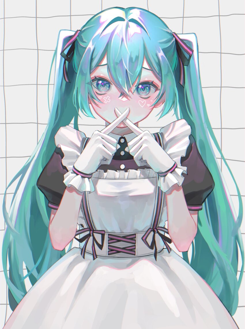 1girl apron aqua_eyes aqua_hair black_ribbon black_shirt blush commentary covering_own_mouth dress dress_ribbon frilled_gloves frills gloves grid_background hair_between_eyes hair_intakes hair_ribbon hatsune_miku heart highres long_hair looking_at_viewer maid maid_apron nne_lne puffy_short_sleeves puffy_sleeves ribbon shirt short_sleeves solo twintails very_long_hair vocaloid white_apron white_dress white_gloves x_fingers