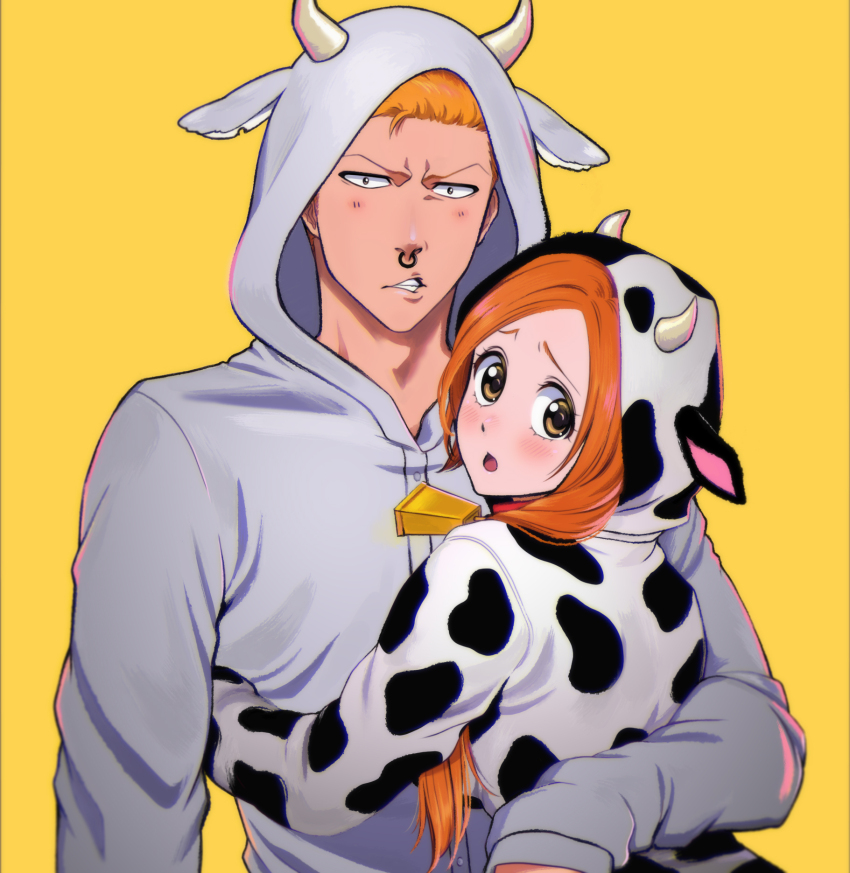 1boy 1girl alternate_costume animal_ears animal_hood animal_print bell bleach blush brown_eyes chinese_zodiac commentary cosplay couple cow_horns cow_print cowbell english_commentary fake_animal_ears fake_horns furrowed_brow grey_hoodie hetero highres hood hoodie horns hug inoue_orihime kigurumi kurosaki_ichigo lips long_hair looking_at_viewer nose_piercing nose_ring open_mouth orange_hair piercing rozuberry short_hair tareme upper_body v-shaped_eyebrows wide-eyed year_of_the_ox