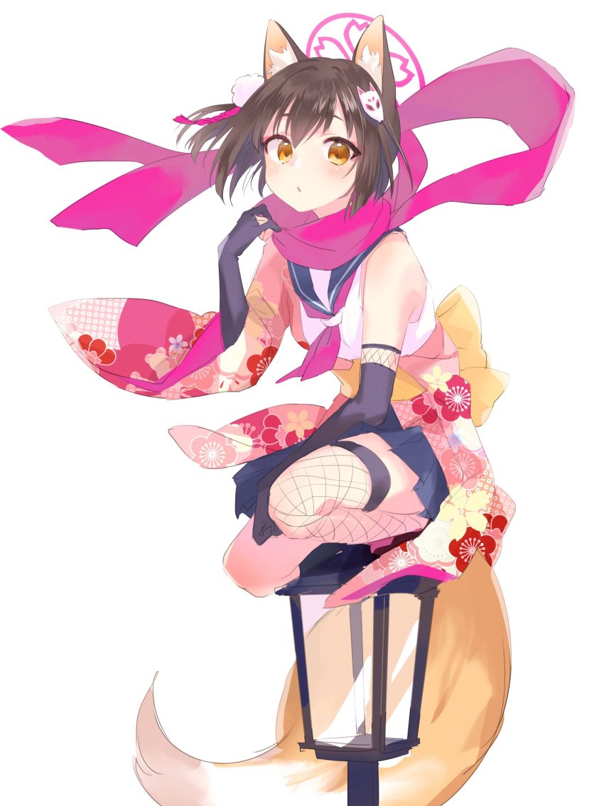 1girl animal_ears asymmetrical_legwear black_gloves black_socks blue_archive blue_sailor_collar blue_skirt brown_hair elbow_gloves fishnets floral_print fox_ears fox_girl fox_hair_ornament fox_tail gloves hair_ornament halo highres izuna_(blue_archive) japanese_clothes kneehighs kyuuri_(miyako) lantern on_one_knee orange_eyes parted_lips partially_fingerless_gloves pink_scarf pleated_skirt pom_pom_(clothes) pom_pom_hair_ornament sailor_collar scarf school_uniform serafuku short_hair simple_background single_kneehigh single_sock single_thighhigh skirt socks solo tail thighhighs white_background