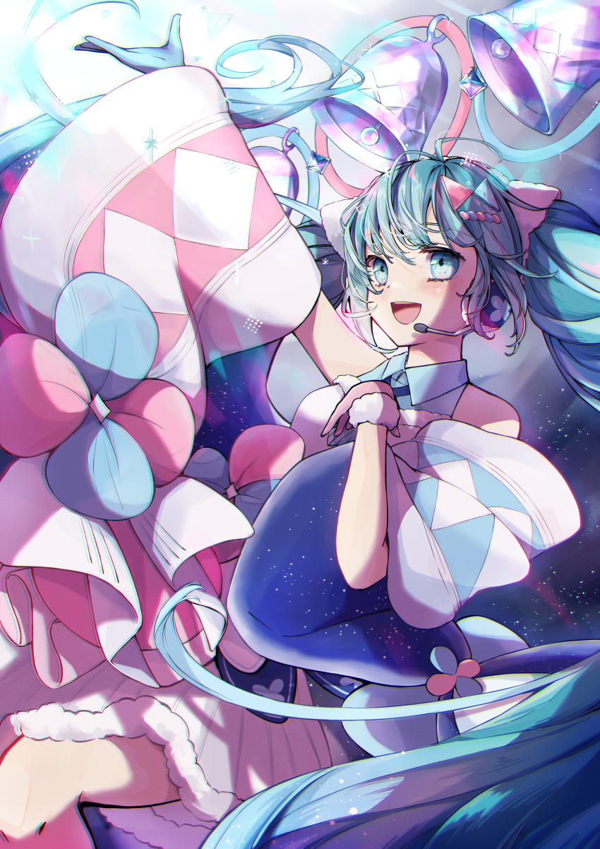 1girl absurdres bell blue_eyes blue_hair collared_dress detached_sleeves dress floating_hair fur-trimmed_dress fur-trimmed_gloves fur_trim gloves hand_on_own_chest hatsune_miku headphones headset highres long_hair long_sleeves magical_mirai_(vocaloid) magical_mirai_miku magical_mirai_miku_(2020_winter) nagitofuu open_mouth outstretched_arm sleeveless sleeveless_dress smile solo twintails very_long_hair vocaloid wide_sleeves