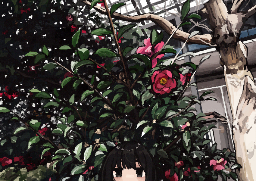 1girl absurdres black_eyes black_hair blush branch day flower head_only highres long_bangs looking_at_viewer original outdoors red_flower short_hair sidelocks solo straight-on tree uniunimikan