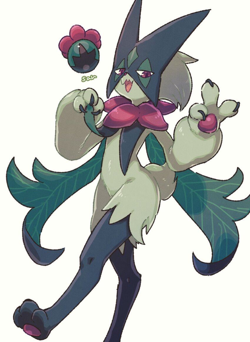 1other cape creatures_(company) furry game_freak green_fur highres mask meowscarada miuta nintendo open_mouth pokemon pokemon_(creature) solo tail v walking wavy_hair white_background