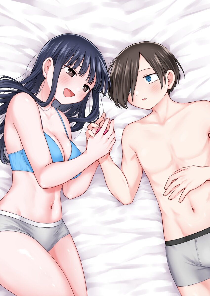 1boy 1girl black_hair blue_bra blue_eyes blush boku_no_kokoro_no_yabai_yatsu boxer_briefs bra breasts brown_eyes brown_hair cleavage collarbone commentary_request cowboy_shot grey_panties hair_over_one_eye hand_on_own_stomach hetero highres holding_hands ichikawa_kyoutarou long_hair looking_at_another lying male_underwear medium_breasts navel on_back on_side open_mouth panties parted_lips short_hair smile stomach straight_hair topless_male underwear underwear_only yamada_anna zeroasann