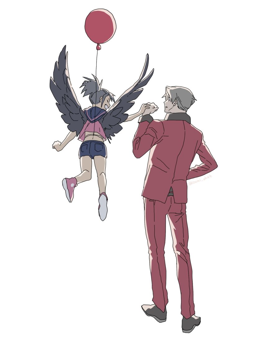 1boy 1girl ^_^ ace_attorney ace_attorney_investigations ace_attorney_investigations:_miles_edgeworth aged_down balloon bird_wings black_hair black_wings blue_sailor_collar child closed_eyes feathered_wings flying formal_clothes from_behind grey_hair grin hand_up highres holding_hands izumi_whale jacket kay_faraday long_sleeves midair miles_edgeworth pants parted_lips pink_footwear pink_shirt red_jacket red_pants red_suit sailor_collar shirt short_ponytail shorts smile suit white_background wings