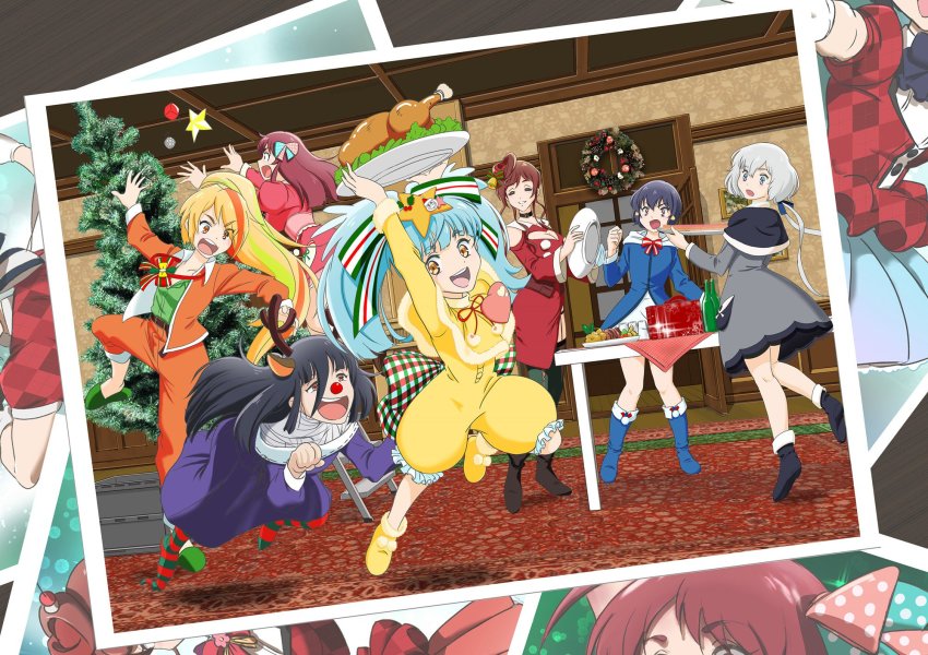 10s 6+girls ahoge alternate_costume antlers aqua_hair bandages black_hair blonde_hair blue_eyes bow brown_hair choker christmas_tree collarbone eyes_visible_through_hair food hair_between_eyes hair_bow hair_ornament hair_over_one_eye hair_ribbon heart heart_out_of_chest highres horns hoshikawa_lily jacket konno_junko long_hair low_twintails minamoto_sakura mizuno_ai multicolored_hair multiple_girls nikaidou_saki open_mouth photo_(object) polka_dot polka_dot_bow ponytail red_eyes red_hair red_nose ribbon sdmmrkw short_hair silver_hair skirt star_(symbol) star_hair_ornament streaked_hair turkey_(food) twintails yamada_tae yellow_eyes yuugiri_(zombie_land_saga) zombie_land_saga