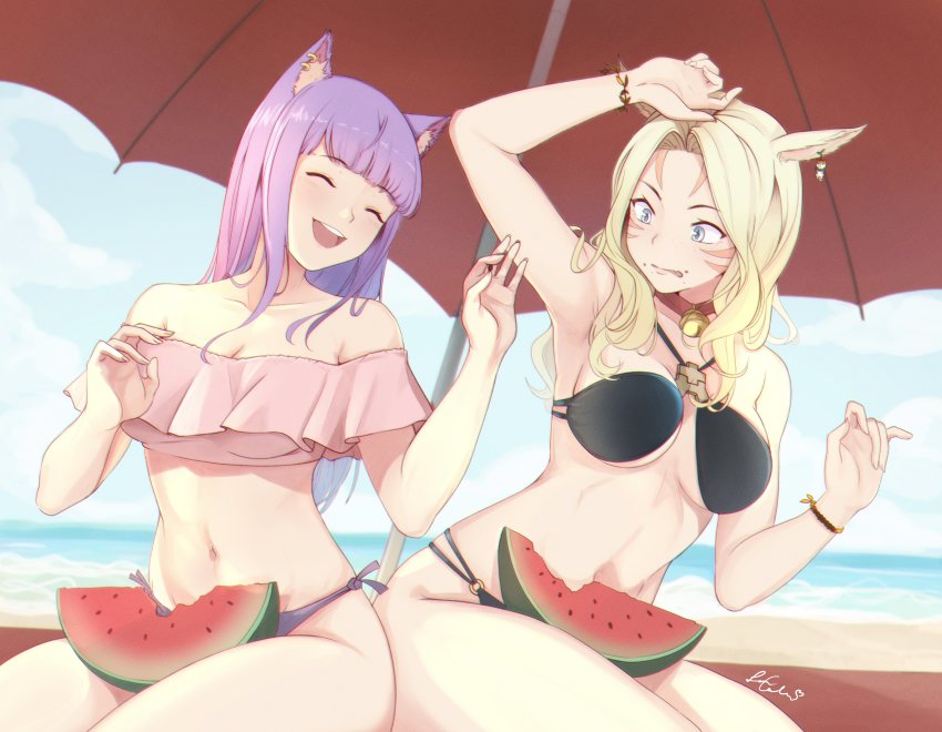 2girls absurdres animal_ears arm_up warrior_of_light_(ff14) bare_shoulders bell bikini black_bikini blonde_hair blue_eyes bracelet breasts cat_ears cleavage closed_eyes commission day earrings facial_mark final_fantasy final_fantasy_xiv food fruit highres jewelry long_hair looking_at_another medium_breasts miqo&#039;te mismatched_bikini multiple_girls navel neck_bell open_mouth outdoors parasol purple_hair senacolada sitting swimsuit umbrella watermelon whisker_markings