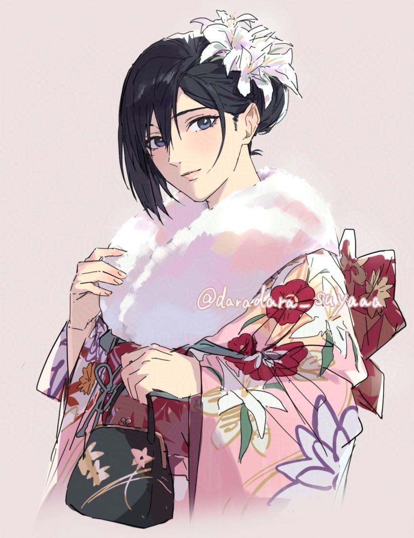 1girl bag black_hair closed_mouth commentary_request darao_(daradara_suyaaa) facial_scar floral_print floral_print_kimono flower fur_trim hair_behind_ear hair_between_eyes hair_flower hair_ornament handbag highres holding holding_bag japanese_clothes kimono light_blush long_sleeves looking_at_viewer medium_hair mikasa_ackerman new_year pink_kimono pink_lips print_kimono scar scar_on_cheek scar_on_face shingeki_no_kyojin solo twitter_username upper_body white_flower white_fur wide_sleeves