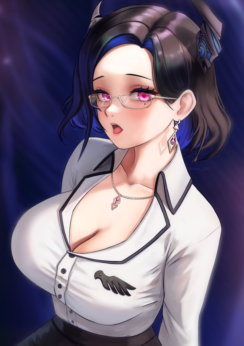 1girl :o absurdres black_hair blue_hair breasts cleavage demon_horns earrings glasses highres hololive hololive_english horns jewelry large_breasts lazik_1337 mole mole_under_eye multicolored_hair necklace nerissa_ravencroft nerissa_ravencroft_(casual) purple_eyes shirt solo two-tone_hair upper_body virtual_youtuber white_shirt