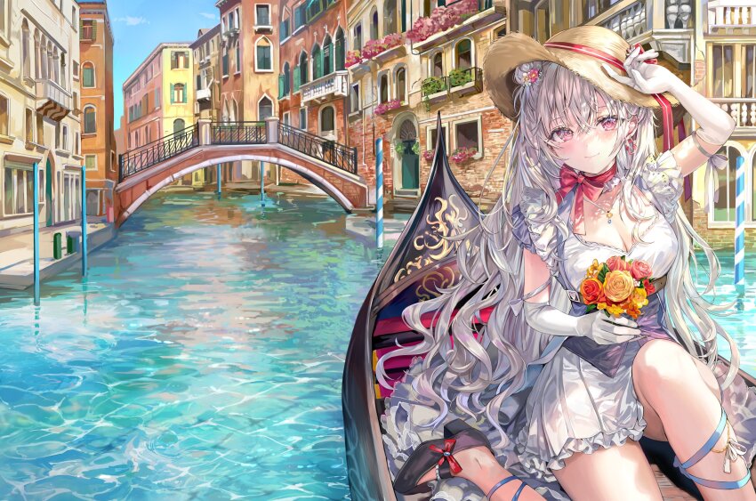 1girl black_footwear blush boat bouquet bow breasts canal cleavage closed_mouth commentary dress elbow_gloves flower gloves hair_between_eyes hair_bun hat highres hiyori_(momoko) holding holding_bouquet knee_up large_breasts long_hair looking_at_viewer momoko_(momopoco) on_boat original outdoors pink_eyes red_bow red_flower red_rose rose short_sleeves sitting smile solo sun_hat venice very_long_hair water watercraft white_dress white_gloves white_hair yellow_flower yellow_rose