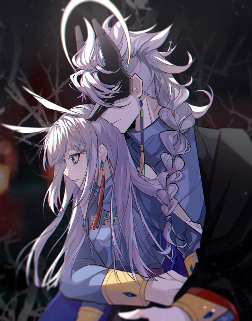 1boy 1girl absurdres blue_eyes braid caleb_(sky:_children_of_the_light) chromatic_aberration covering_own_eyes earrings glowing hair_down hair_over_shoulder highres hug jewelry mask mimizuku_(sky:_children_of_the_light) open_mouth pointy_hair profile rongle709 single_braid sky:_children_of_the_light straight_hair tassel tassel_earrings upper_body white_hair