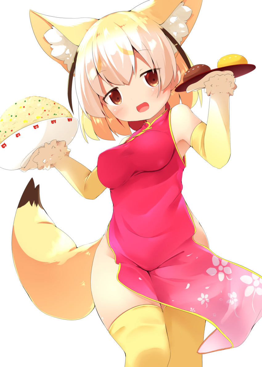 10s 1girl :d alternate_costume animal_ears blonde_hair bowl brown_eyes china_dress chinese_clothes commentary_request dress elbow_gloves extra_ears eyes_visible_through_hair female_focus fennec_(kemono_friends) food fox_ears fox_tail gloves highres japari_bun japari_symbol kemono_friends looking_at_viewer makuran medium_hair multicolored_hair open_mouth pink_dress rice side_slit simple_background smile solo tail thighhighs tray white_background white_hair yellow_thighhighs