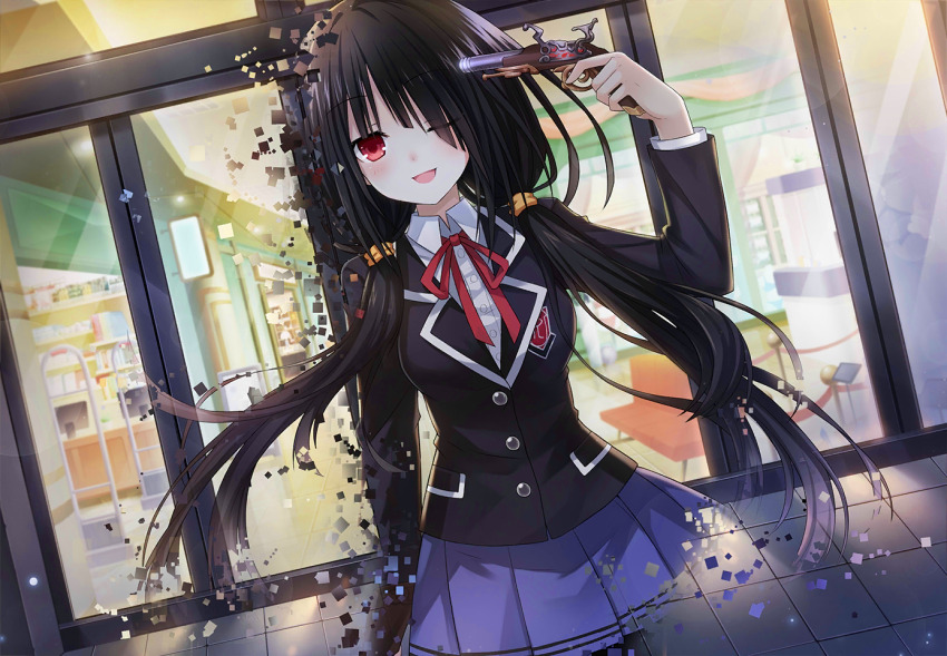 1girl antique_firearm black_hair black_jacket breasts collared_shirt date_a_live date_a_live:_spirit_pledge digital_dissolve dutch_angle firearm firelock flintlock game_cg gun jacket long_hair long_sleeves low_twintails mall medium_breasts neck_ribbon official_art open_mouth outdoors purple_skirt raizen_high_school_uniform red_eyes red_ribbon ribbon school_uniform shirt skirt smile solo third-party_source tokisaki_kurumi twintails weapon white_shirt