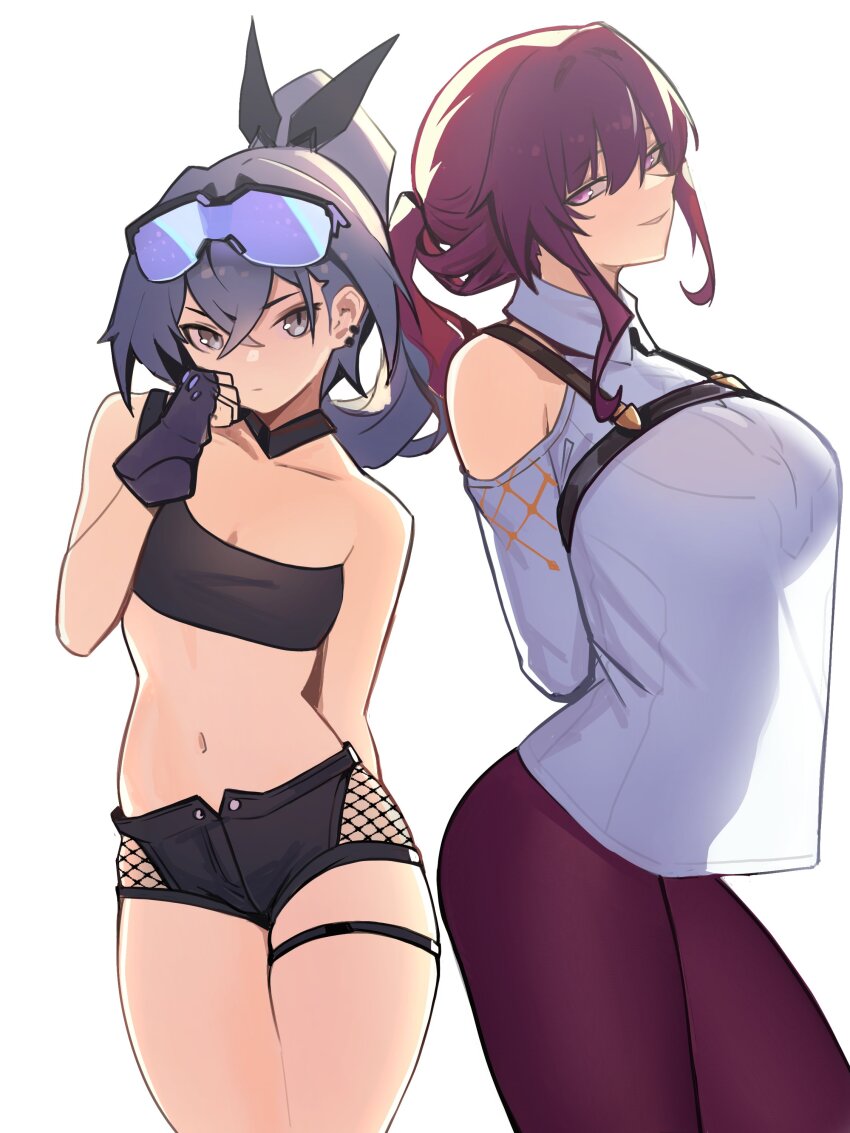 2girls absurdres arms_behind_back bandeau bare_shoulders black_bandeau black_bow bow breasts cleavage collared_shirt commentary cowboy_shot crossed_bangs distr earrings english_commentary fingerless_gloves from_side gloves goggles goggles_on_head grey_eyes grey_hair hair_between_eyes hair_bow highres honkai:_star_rail honkai_(series) jewelry kafka_(honkai:_star_rail) large_breasts long_hair looking_at_viewer multiple_earrings multiple_girls navel no_eyewear pantyhose parted_lips pink_eyes ponytail purple_hair purple_pantyhose see-through_silhouette shirt shorts silver_wolf_(honkai:_star_rail) simple_background single_strap small_breasts smile stomach thigh_strap white_background white_shirt