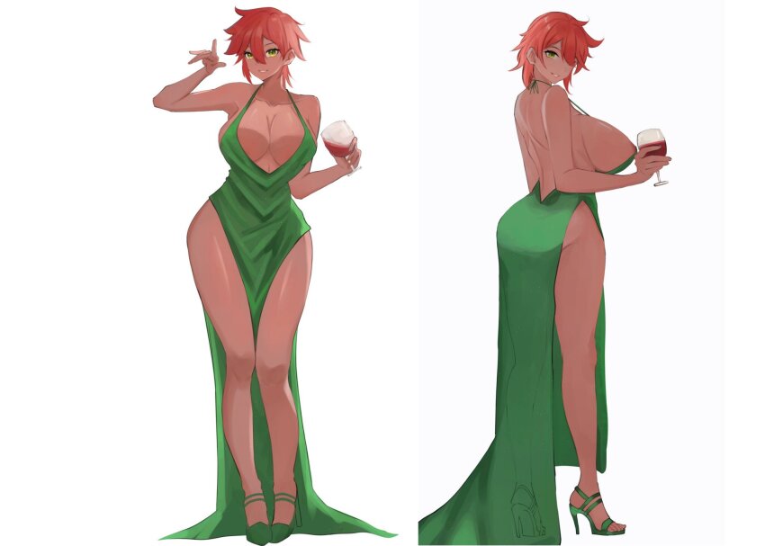 1girl alcohol areola_slip ass backless_dress backless_outfit breasts character_sheet cleavage collarbone cup curvy dark-skinned_female dark_skin dress drinking_glass evening_gown feet green_dress green_eyes hainomajoeraina hair_between_eyes hair_over_one_eye high_heels holding holding_cup huge_ass huge_breasts looking_at_viewer lyra(itsnafulol) multiple_views red_hair shiny_clothes short_hair sideboob smile thick_thighs thighs tomboy white_background wide_hips wine wine_glass