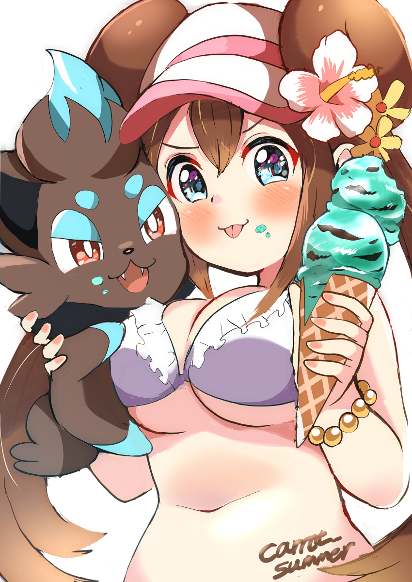 1girl absurdres alternate_color artist_name bead_bracelet beads bikini blue_eyes blush bracelet breasts brown_hair carrot_summer cleavage closed_mouth creatures_(company) double_bun double_scoop flower food food_on_face game_freak gen_5_pokemon hair_between_eyes hair_bun hair_flower hair_ornament hibiscus highres holding holding_food holding_ice_cream holding_ice_cream_cone ice_cream ice_cream_cone jewelry medium_breasts mint_chocolate navel nintendo pokemon pokemon_(creature) pokemon_bw2 rosa_(pokemon) shiny_pokemon simple_background smile swimsuit tongue tongue_out twintails underboob v-shaped_eyebrows visor_cap white_background white_bikini yellow_flower zorua